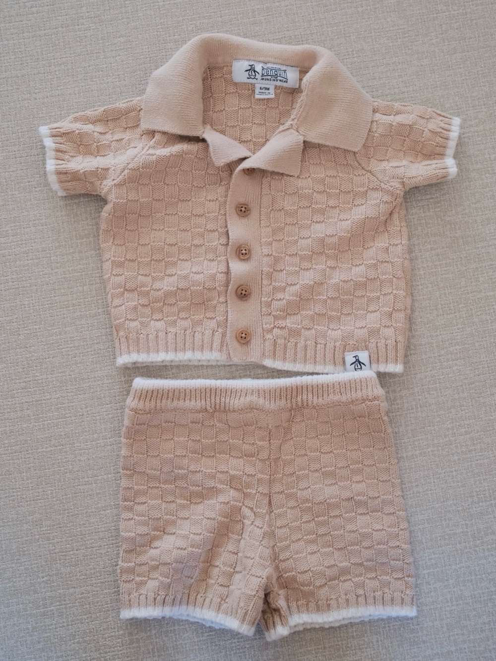Penguin Kids Beige Knit Polo Top & Shorts Set